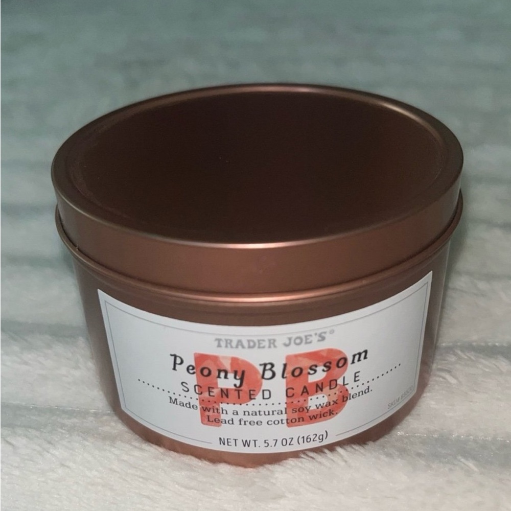 NEW Trader Joe's Peony Blossom Candle in a Rose Gold Tin